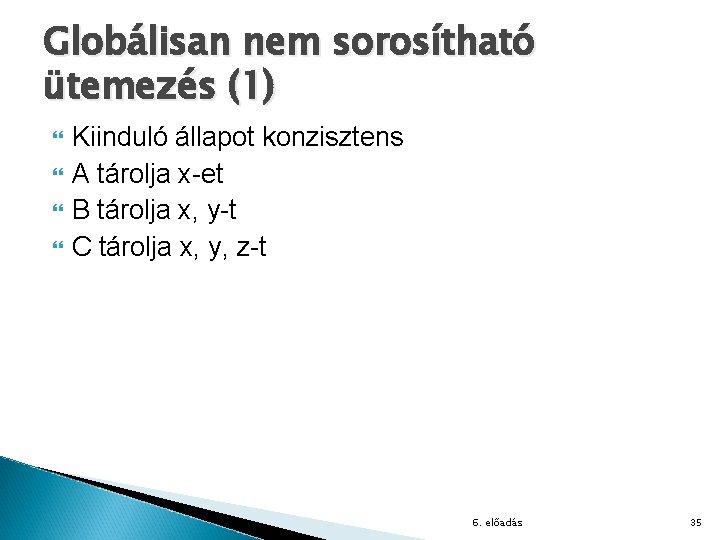 Globálisan nem sorosítható ütemezés (1) Kiinduló állapot konzisztens A tárolja x-et B tárolja x,