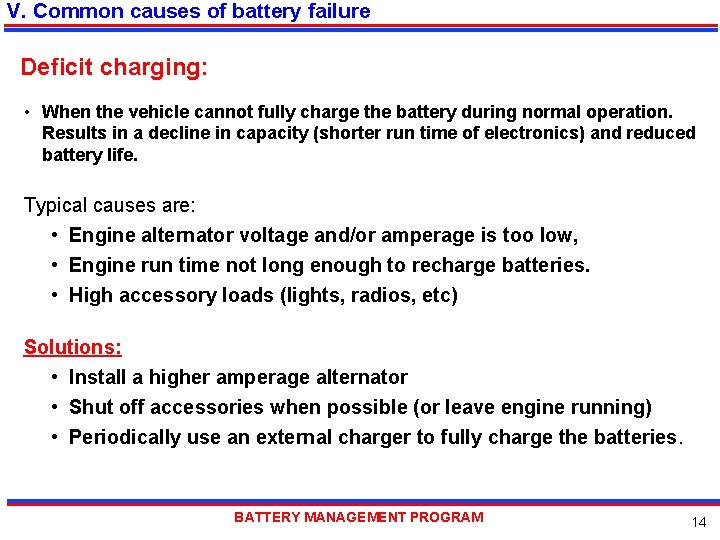 V. Common causes of battery failure Deficit charging: • When the vehicle cannot fully