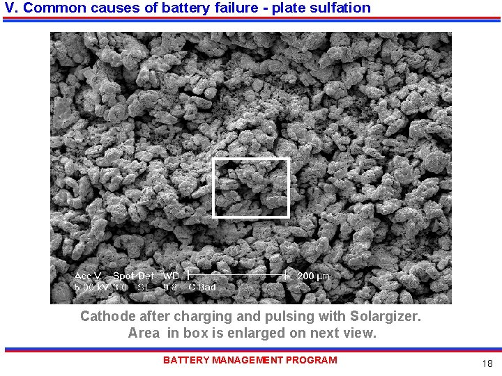 V. Common causes of battery failure - plate sulfation Cathode after charging and pulsing