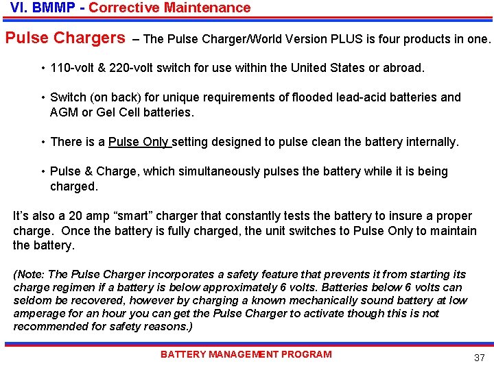 VI. BMMP - Corrective Maintenance Pulse Chargers – The Pulse Charger/World Version PLUS is