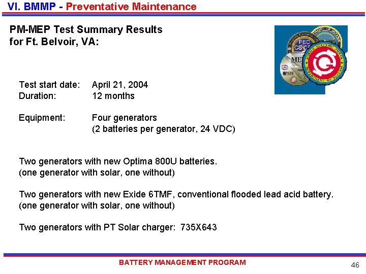 VI. BMMP - Preventative Maintenance PM-MEP Test Summary Results for Ft. Belvoir, VA: Test