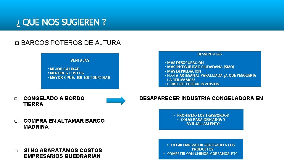 ¿ QUE NOS SUGIEREN ? q BARCOS POTEROS DE ALTURA DESVENTAJAS § MEJOR CALIDAD