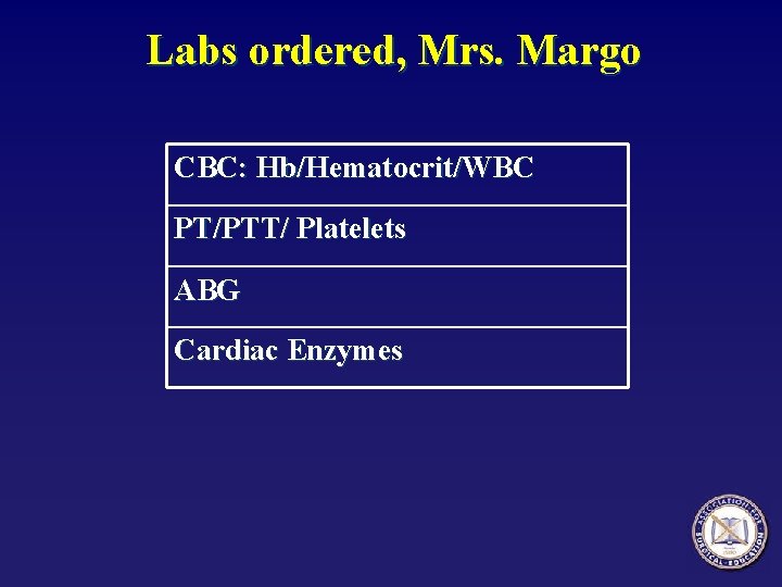 Labs ordered, Mrs. Margo CBC: Hb/Hematocrit/WBC PT/PTT/ Platelets ABG Cardiac Enzymes 