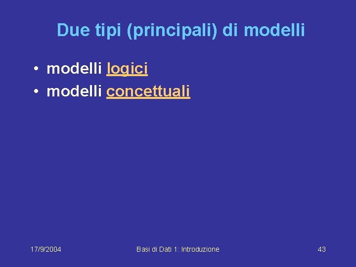 Due tipi (principali) di modelli • modelli logici • modelli concettuali 17/9/2004 Basi di
