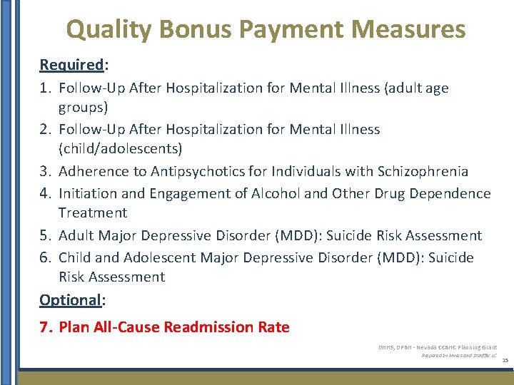 Quality Bonus Payment Measures Required: 1. Follow-Up After Hospitalization for Mental Illness (adult age