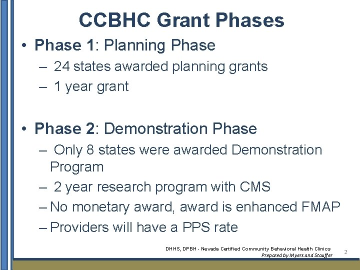 CCBHC Grant Phases • Phase 1: Planning Phase – 24 states awarded planning grants