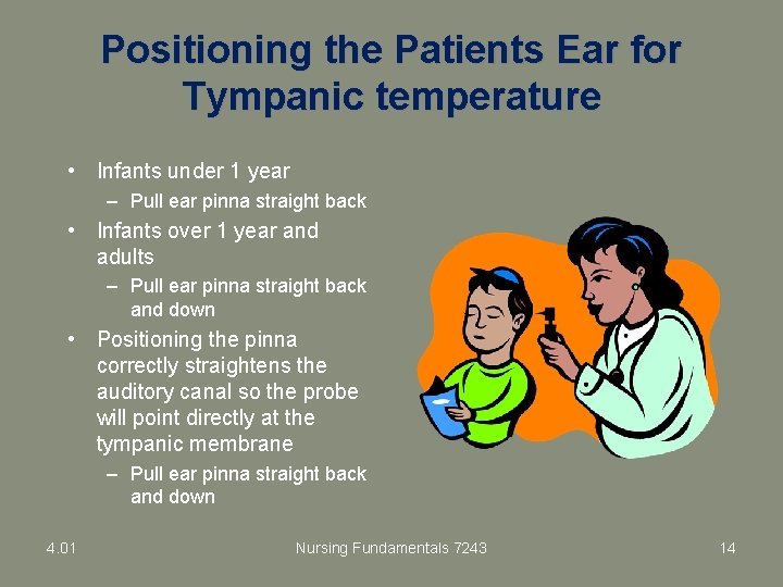 Positioning the Patients Ear for Tympanic temperature • Infants under 1 year – Pull