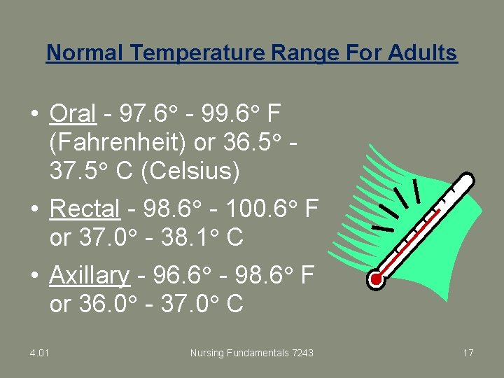 Normal Temperature Range For Adults • Oral - 97. 6 - 99. 6 F