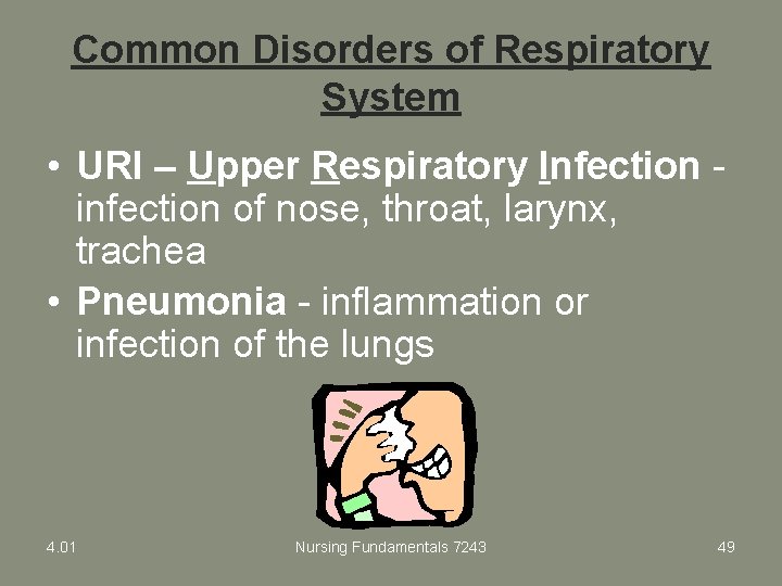 Common Disorders of Respiratory System • URI – Upper Respiratory Infection - infection of