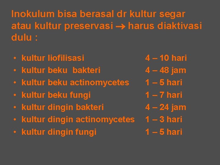 Inokulum bisa berasal dr kultur segar atau kultur preservasi harus diaktivasi dulu : •