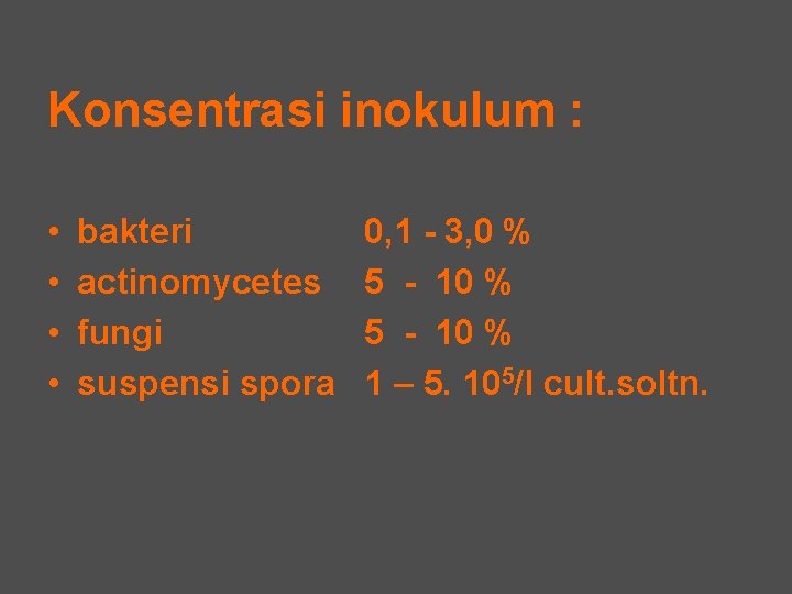 Konsentrasi inokulum : • • bakteri actinomycetes fungi suspensi spora 0, 1 - 3,