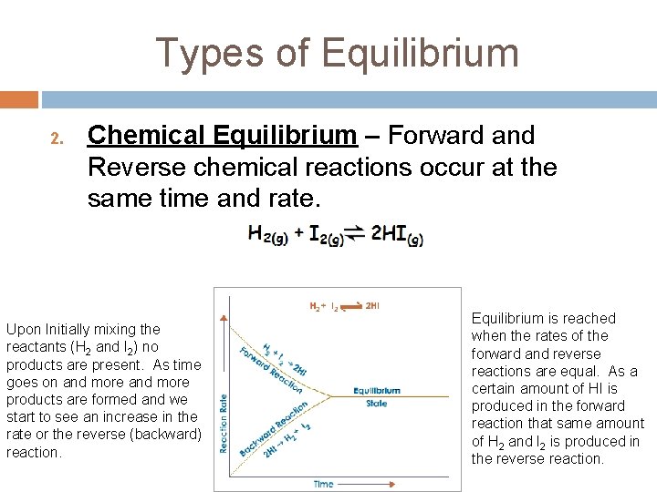 Types of Equilibrium 2. Chemical Equilibrium – Forward and Reverse chemical reactions occur at
