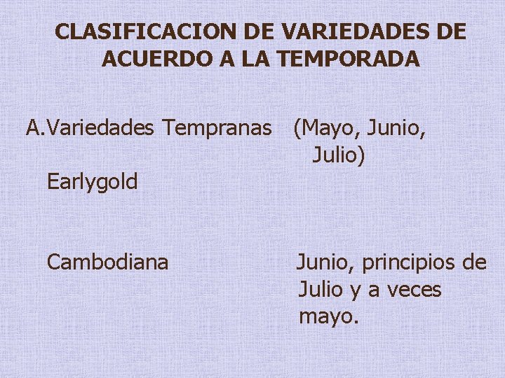 CLASIFICACION DE VARIEDADES DE ACUERDO A LA TEMPORADA A. Variedades Tempranas (Mayo, Junio, Julio)