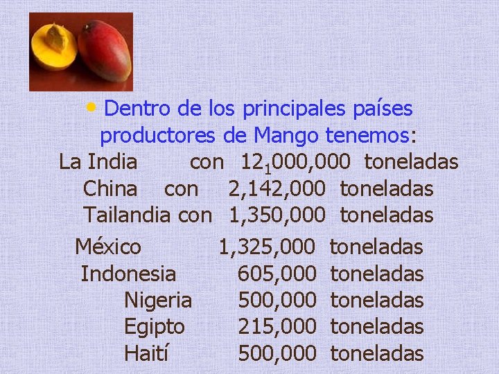  • Dentro de los principales países productores de Mango tenemos: La India con