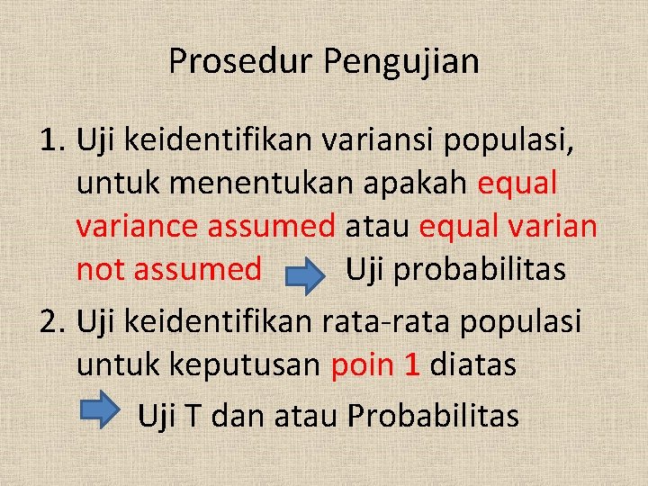 Prosedur Pengujian 1. Uji keidentifikan variansi populasi, untuk menentukan apakah equal variance assumed atau