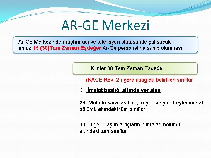 AR‐GE Merkezi Ar-Ge Merkezinde araştırmacı ve teknisyen statüsünde çalışacak en az 15 (30)Tam Zaman