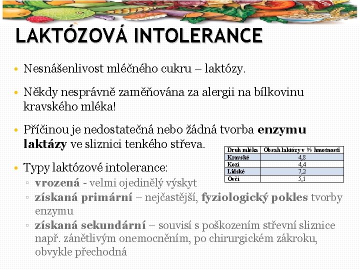 21 LAKTÓZOVÁ INTOLERANCE • Nesnášenlivost mléčného cukru – laktózy. • Někdy nesprávně zaměňována za