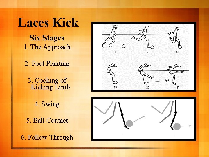 Laces Kick Six Stages 1. The Approach 2. Foot Planting 3. Cocking of Kicking