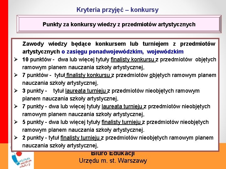 Kryteria przyjęć – konkursy Punkty za konkursy wiedzy z przedmiotów artystycznych Ø Ø Ø