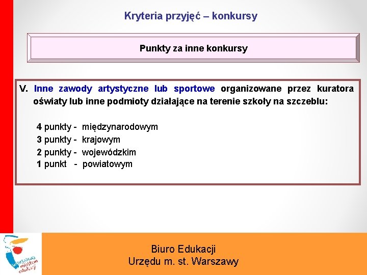 Kryteria przyjęć – konkursy Punkty za inne konkursy V. Inne zawody artystyczne lub sportowe