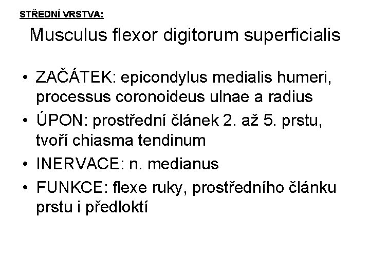 STŘEDNÍ VRSTVA: Musculus flexor digitorum superficialis • ZAČÁTEK: epicondylus medialis humeri, processus coronoideus ulnae