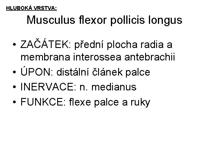 HLUBOKÁ VRSTVA: Musculus flexor pollicis longus • ZAČÁTEK: přední plocha radia a membrana interossea