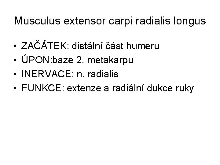 Musculus extensor carpi radialis longus • • ZAČÁTEK: distální část humeru ÚPON: baze 2.