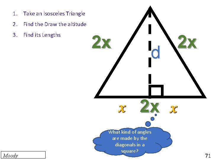 1. Take an Isosceles Triangle 2. Find the Draw the altitude 3. Find its