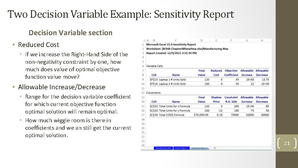 Two Decision Variable Example: Sensitivity Report Decision Variable section • Reduced Cost • If