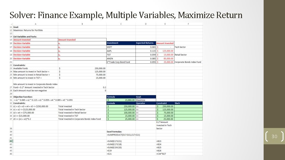 Solver: Finance Example, Multiple Variables, Maximize Return 30 