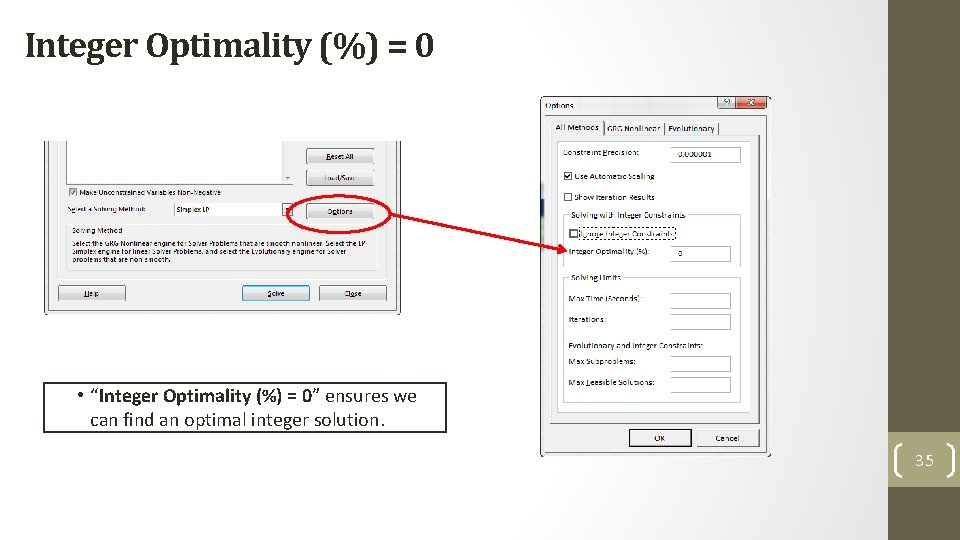 Integer Optimality (%) = 0 • “Integer Optimality (%) = 0” ensures we can