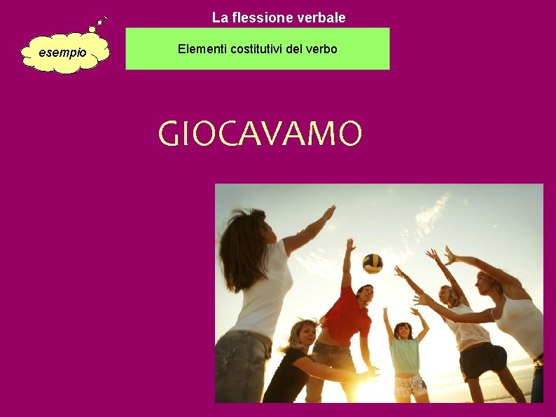 La flessione verbale esempio Elementi costitutivi del verbo GIOCAVAMO 