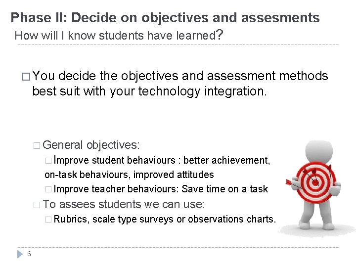 Phase II: Decide on objectives and assesments How will I know students have learned? Phase II: Decide on objectives and assesments How will I know students have learned?