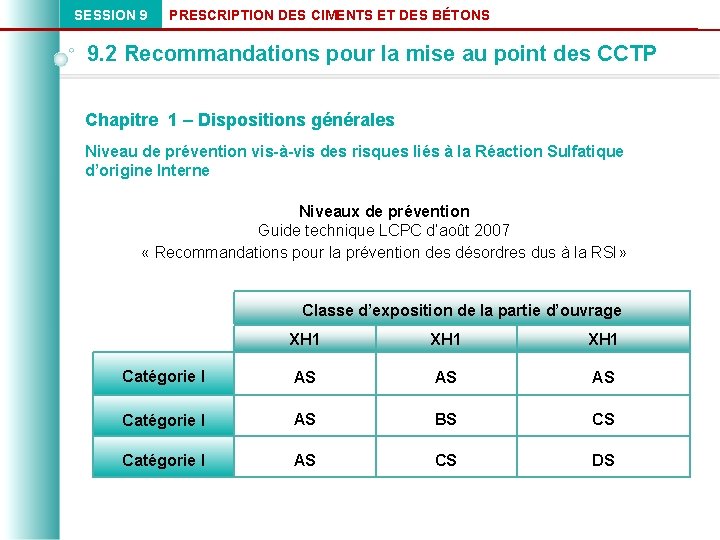 SESSION 9 PRESCRIPTION DES CIMENTS ET DES BÉTONS 9. 2 Recommandations pour la mise