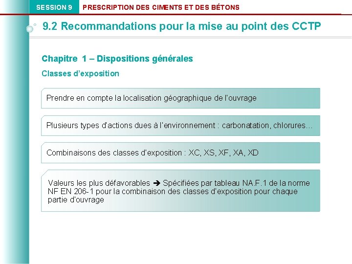 SESSION 9 PRESCRIPTION DES CIMENTS ET DES BÉTONS 9. 2 Recommandations pour la mise