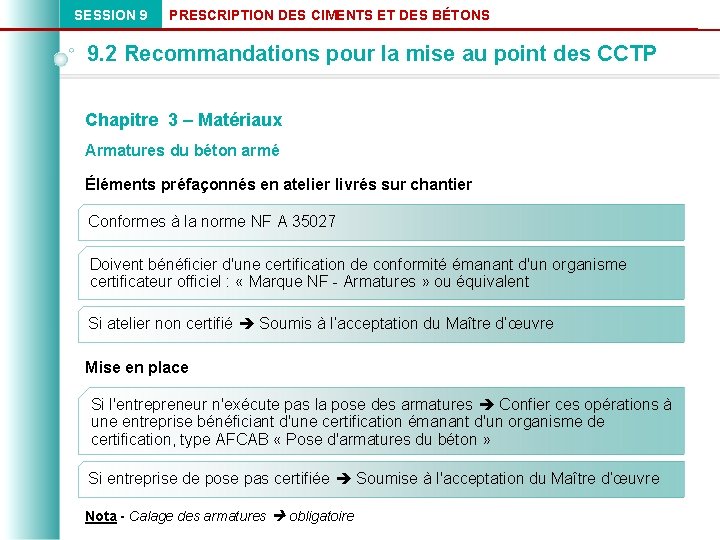 SESSION 9 PRESCRIPTION DES CIMENTS ET DES BÉTONS 9. 2 Recommandations pour la mise