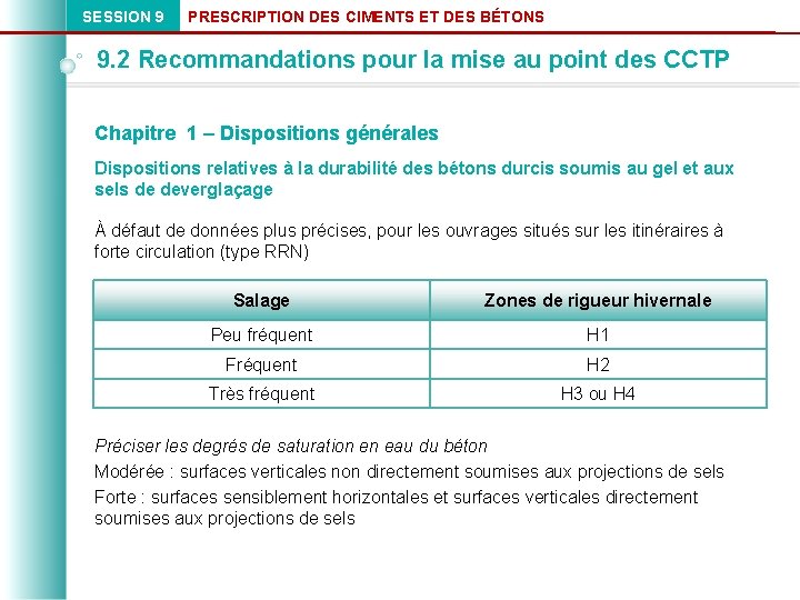 SESSION 9 PRESCRIPTION DES CIMENTS ET DES BÉTONS 9. 2 Recommandations pour la mise