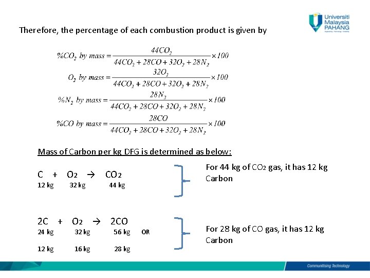 Therefore, the percentage of each combustion product is given by Mass of Carbon per