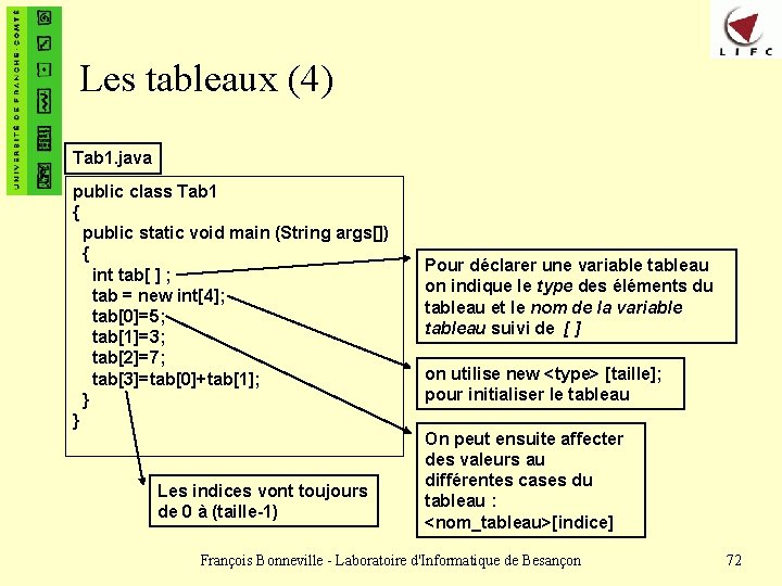 Les tableaux (4) Tab 1. java public class Tab 1 { public static void