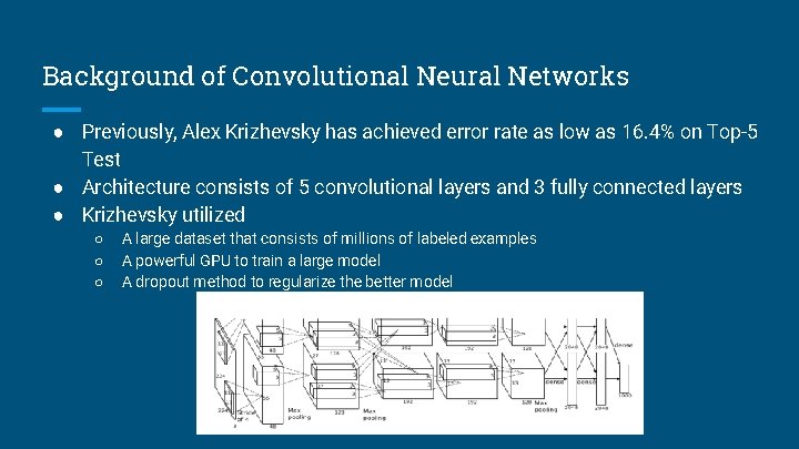 Background of Convolutional Neural Networks ● Previously, Alex Krizhevsky has achieved error rate as