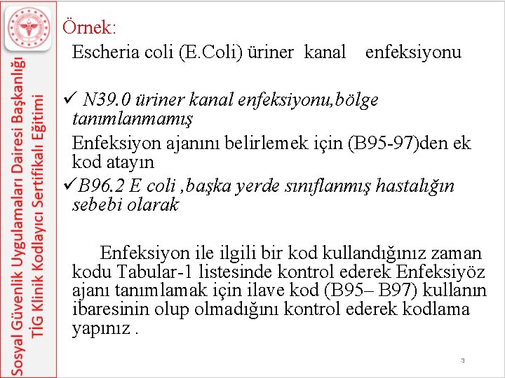 Örnek: Escheria coli (E. Coli) üriner kanal enfeksiyonu ü N 39. 0 üriner kanal