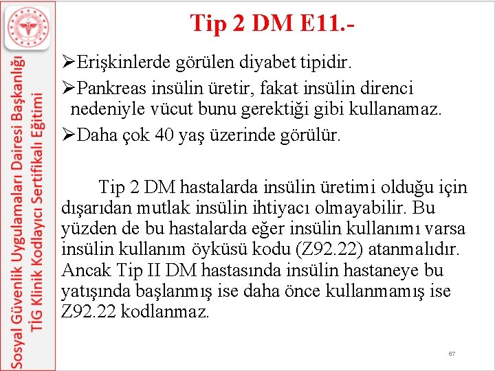 Tip 2 DM E 11. ØErişkinlerde görülen diyabet tipidir. ØPankreas insülin üretir, fakat insülin