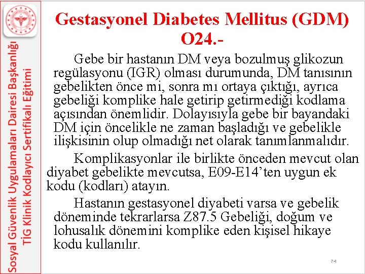 Gestasyonel Diabetes Mellitus (GDM) O 24. Gebe bir hastanın DM veya bozulmuş glikozun regülasyonu