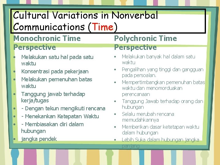 Cultural Variations in Nonverbal Communications (Time) Time Monochronic Time Perspective Polychronic Time Perspective •