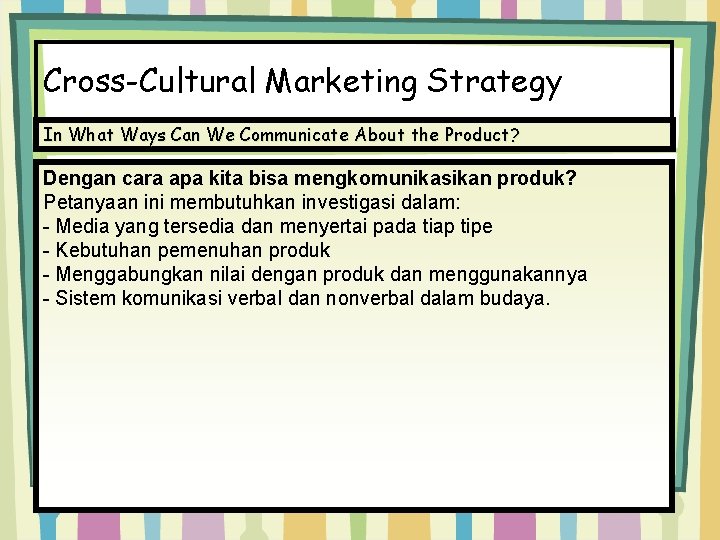 Cross-Cultural Marketing Strategy In What Ways Can We Communicate About the Product? Dengan cara