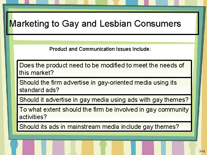 Marketing to Gay and Lesbian Consumers Product and Communication Issues Include: Does the product