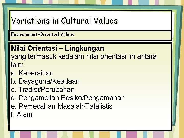 Variations in Cultural Values Environment-Oriented Values Nilai Orientasi – Lingkungan yang termasuk kedalam nilai