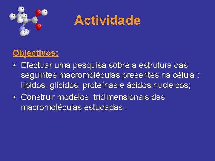 Actividade Objectivos: • Efectuar uma pesquisa sobre a estrutura das seguintes macromoléculas presentes na