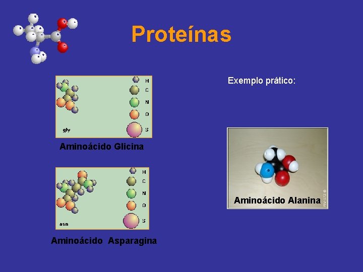 Proteínas Exemplo prático: Aminoácido Glicina Aminoácido Alanina Aminoácido Asparagina 