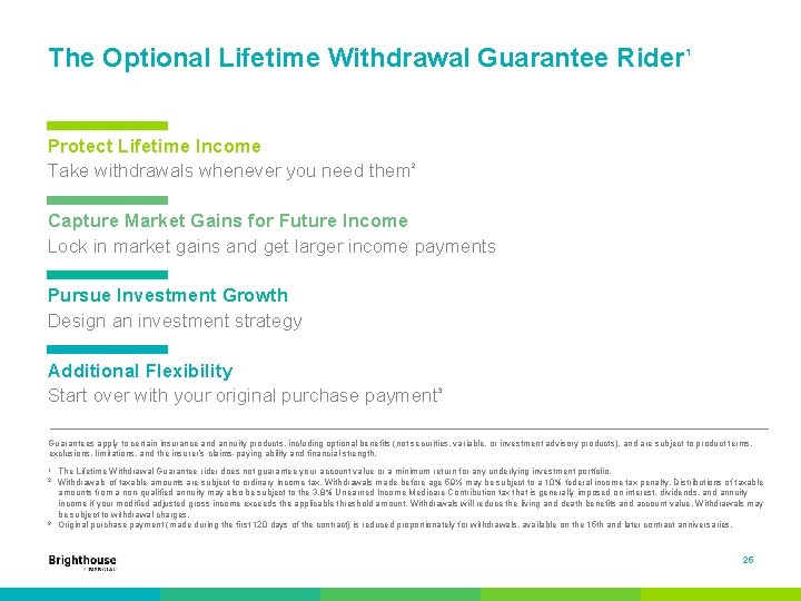 The Optional Lifetime Withdrawal Guarantee Rider Protect Lifetime Income Take withdrawals whenever you need